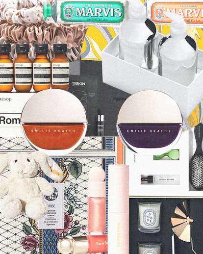 a collage of beauty products, including gift sets, candles, nail polish and lip gloss. 