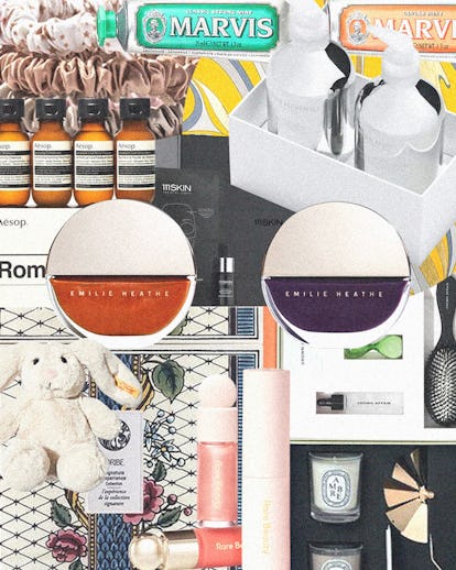 a collage of beauty products, including gift sets, candles, nail polish and lip gloss.