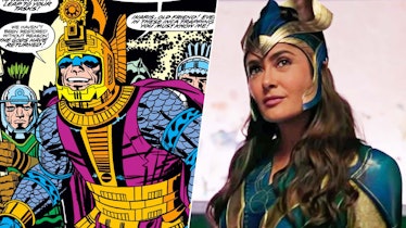 Side by side photos of Ajak as a man in the Eternals comic and Salma Hayek as Ajak in the Eternals m...