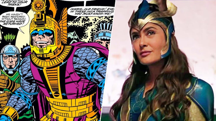 Side by side photos of Ajak as a man in the Eternals comic and Salma Hayek as Ajak in the Eternals m...
