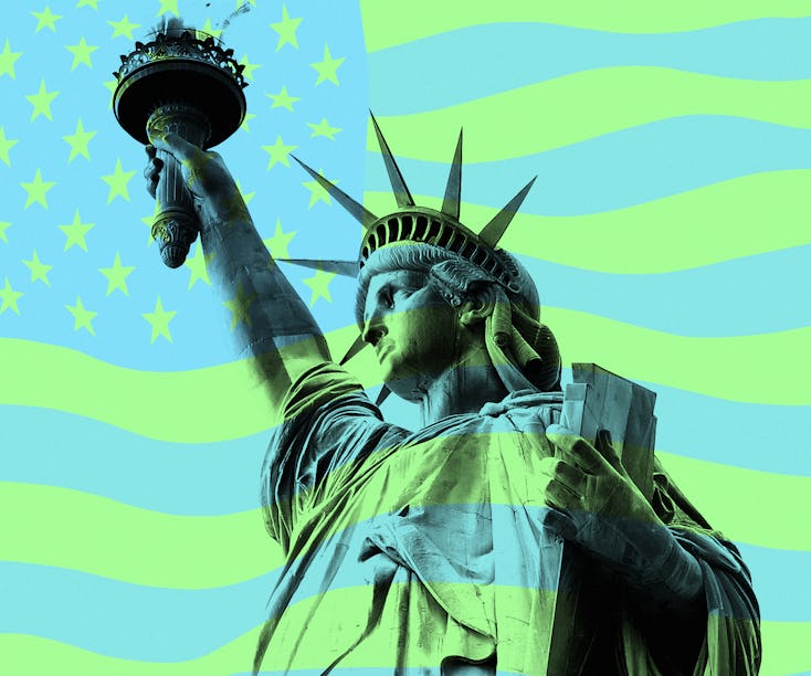 The Statue of Liberty as seen over a stylized, green and blue American flag. Here's everything you n...
