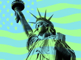 The Statue of Liberty as seen over a stylized, green and blue American flag. Here's everything you n...