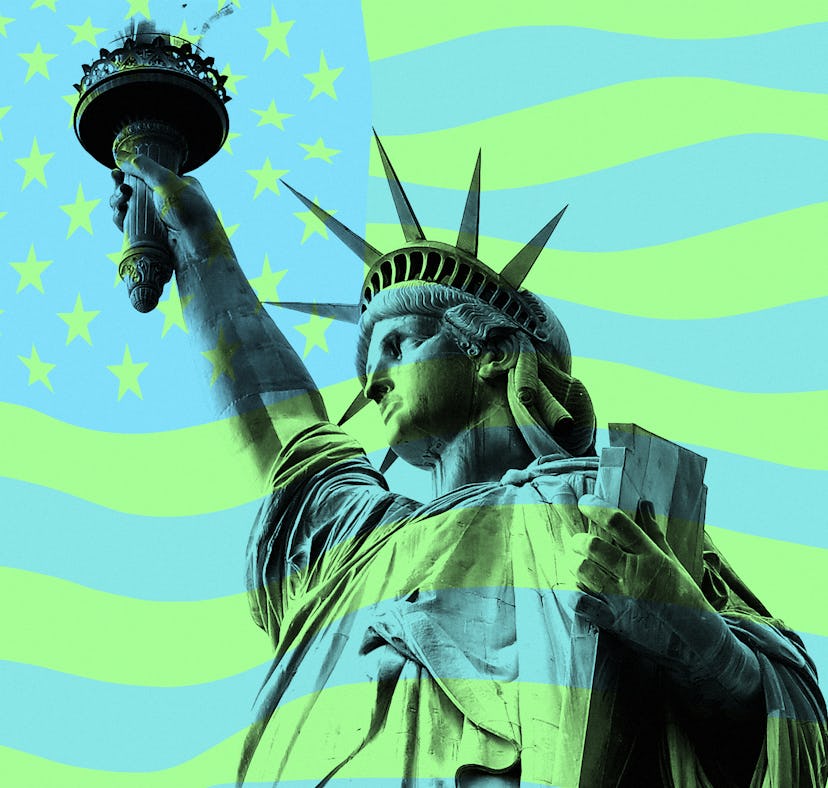The Statue of Liberty as seen over a stylized, green and blue American flag. Here's everything you n...