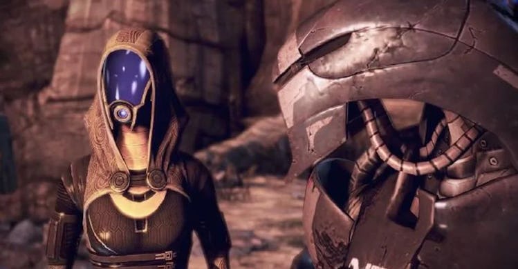 A screenshot of a Quarian and a Geth