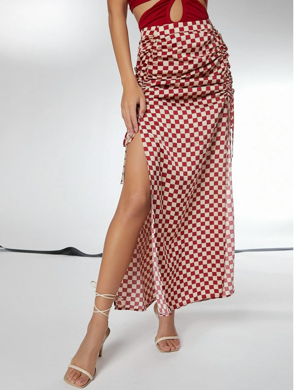 Allover Print Drawstring Ruched Split Thigh Skirt