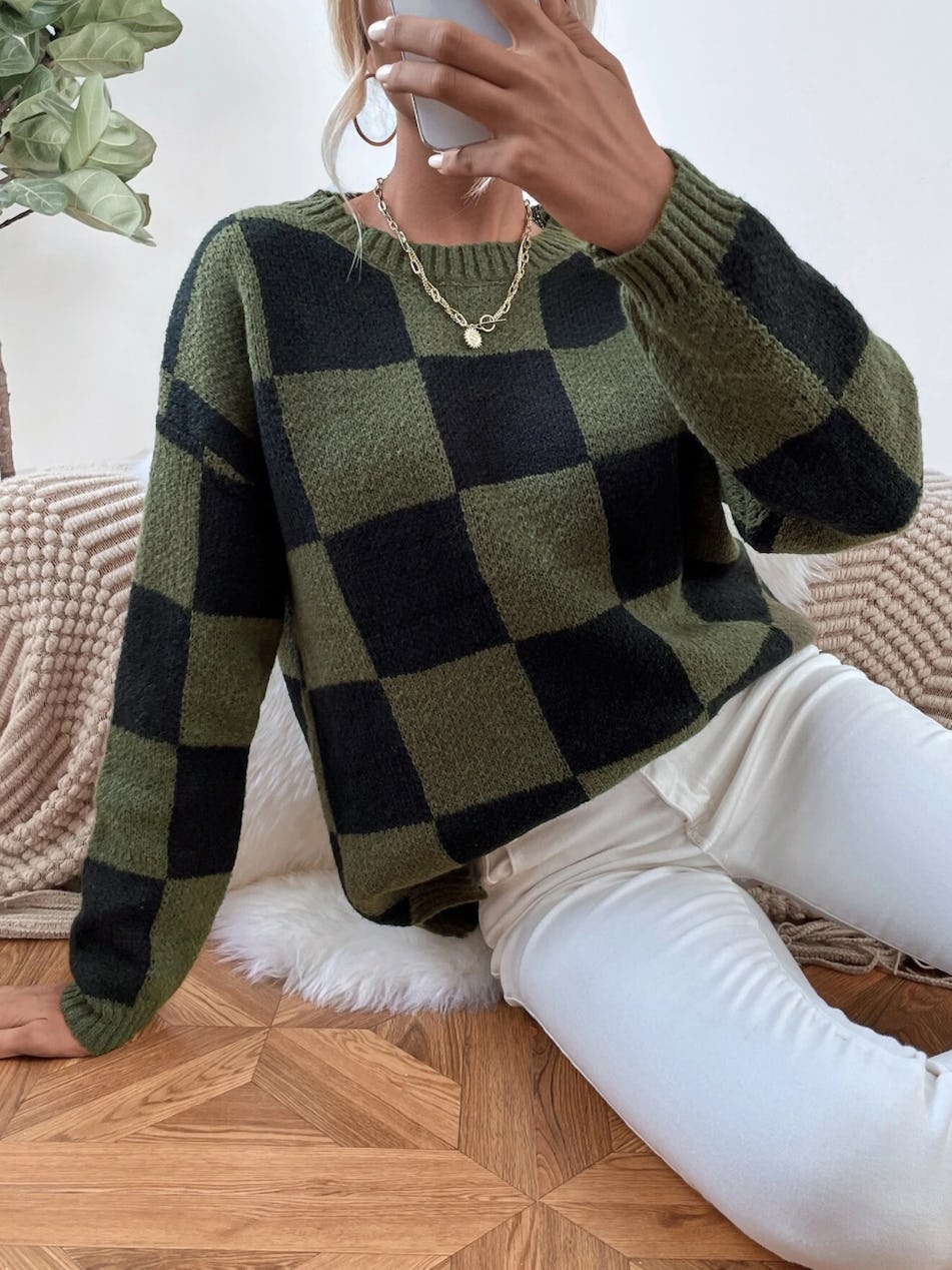 Checker Pattern Drop Shoulder Sweater