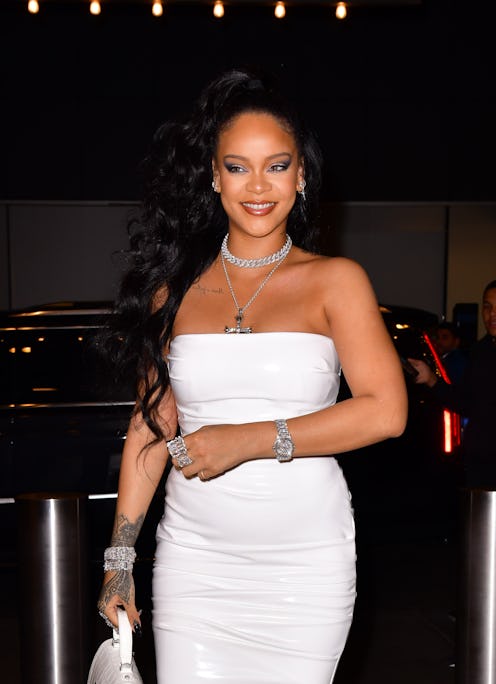 Rihanna wearing a white sleeveless dress on October 13, 2019 in New York City.