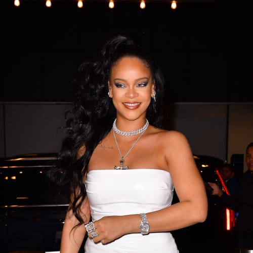 Rihanna wearing a white sleeveless dress on October 13, 2019 in New York City. 