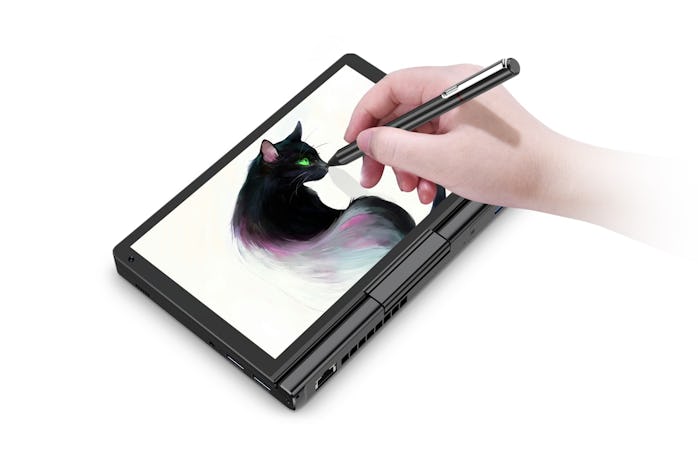 The GPD Pocket 3 netbook folded into tablet form with a stylus.