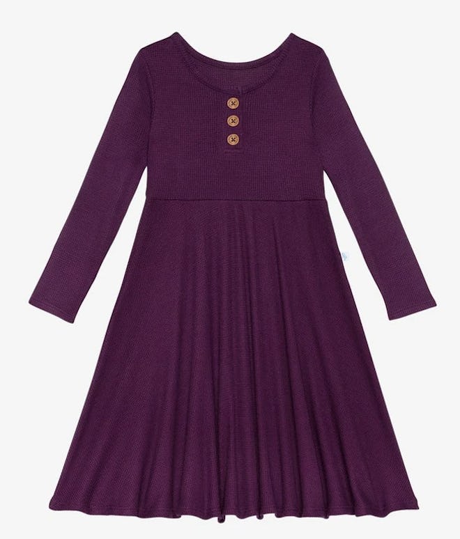 Image of a kid's plum-colored long-sleeve Henley dress.