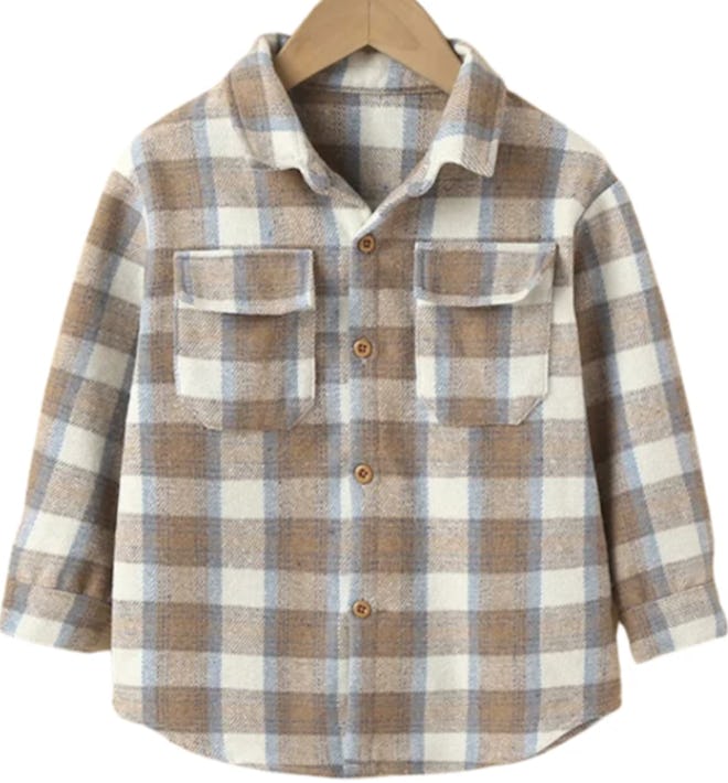 Image of a white and beige checked kid's flannel shirt.