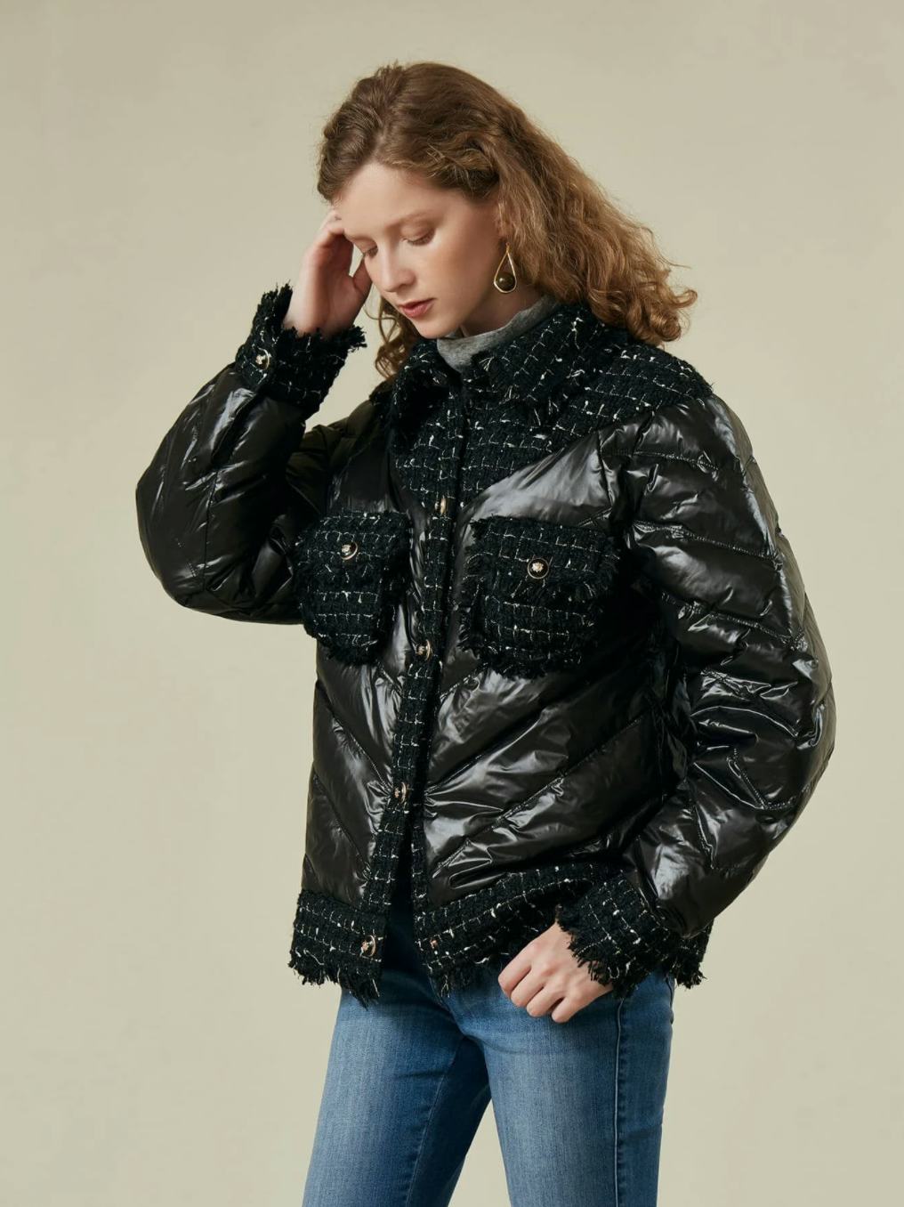 MOTF Premium Flap Pocket Tweed Panel Down Coat