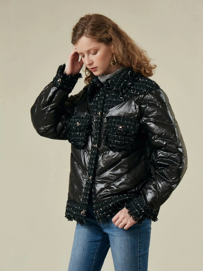 MOTF Premium Flap Pocket Tweed Panel Down Coat