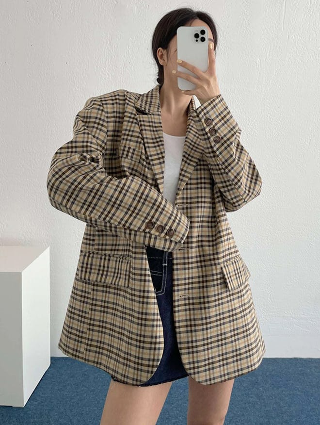 DAZY Plaid Lapel Neck Blazer