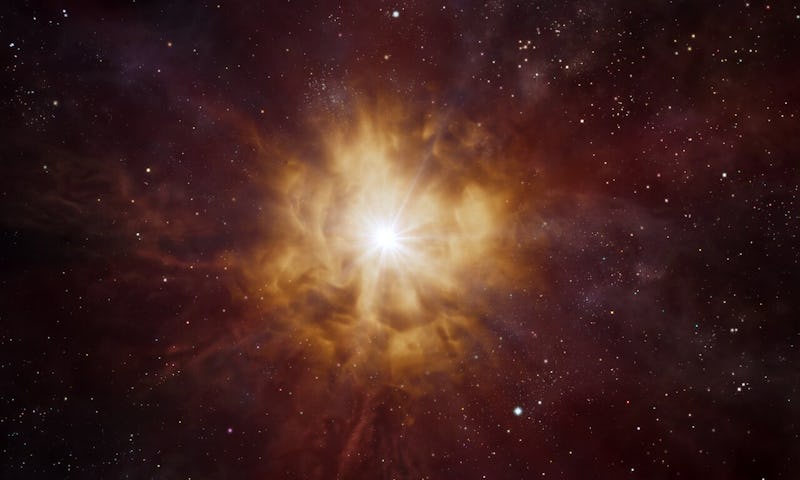 This artist’s impression shows the bright core of a Wolf–Rayet star surrounded by a nebula of materi...