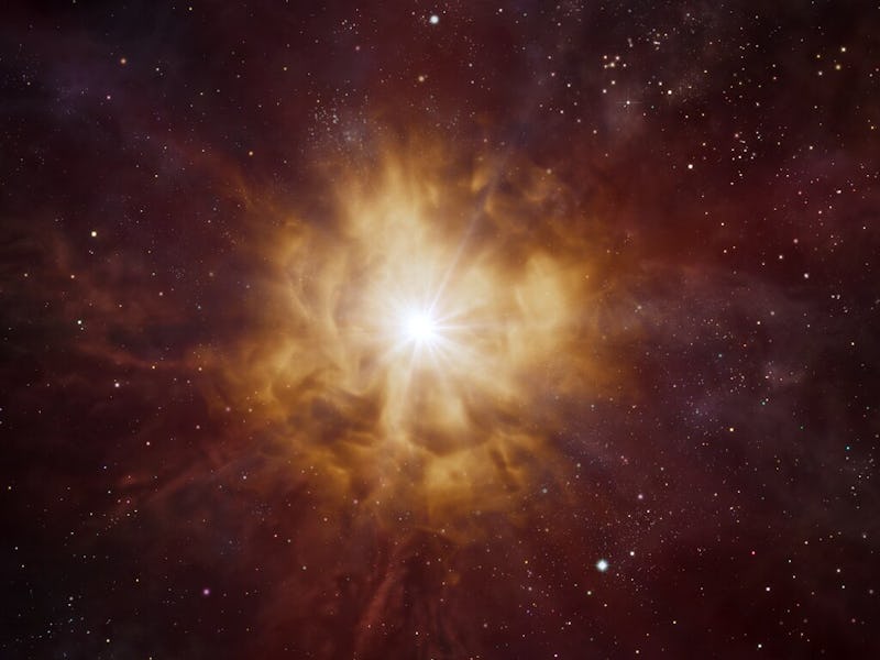 This artist’s impression shows the bright core of a Wolf–Rayet star surrounded by a nebula of materi...