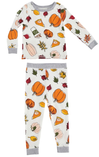 Image of two-piece kids pajamas with print of autumnal desserts, like pumpkin pie.