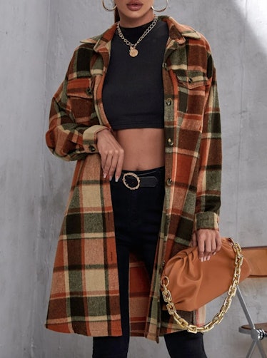 Plaid Flap Pocket Drop Shoulder Coat