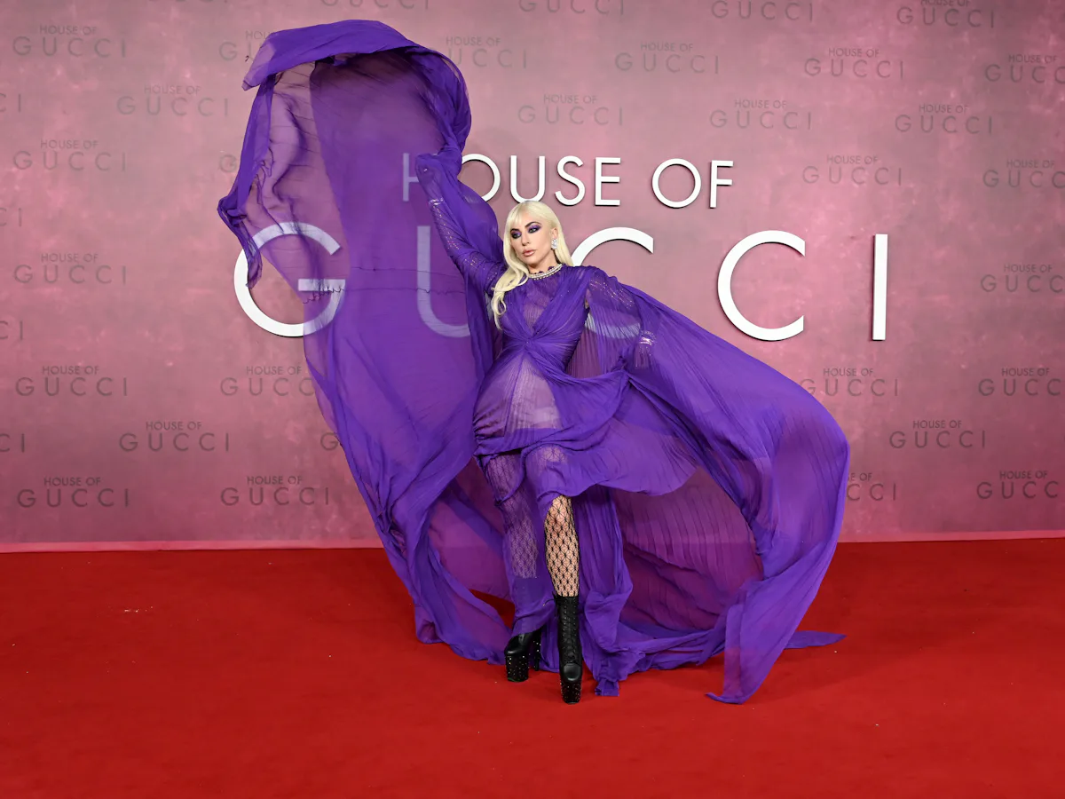 lady gaga house of gucci purple dress Lady Gaga's House of Gucci Fashion