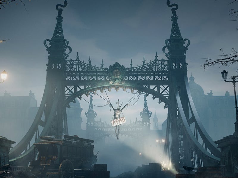 A body hanging from a bridge with a sign that says 'APAB'