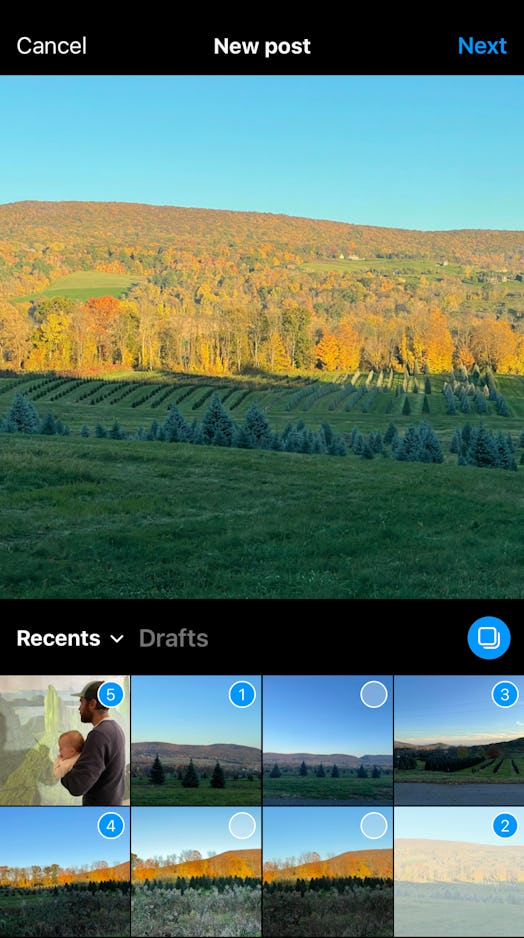 Select photos from camera roll of mountain for photo dump on Instagram. 