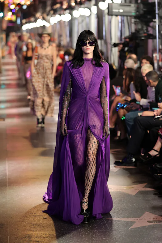 lady gaga purple gucci dress Lady Gaga's Vibrant Violet Gown at U.K. 'House of Gucci' Premiere