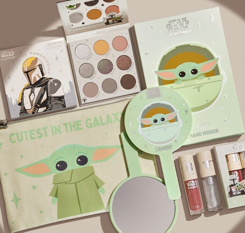 ColourPop's 'The Mandalorian' collection including two palettes, two lip oils. a hand mirror, and ca...