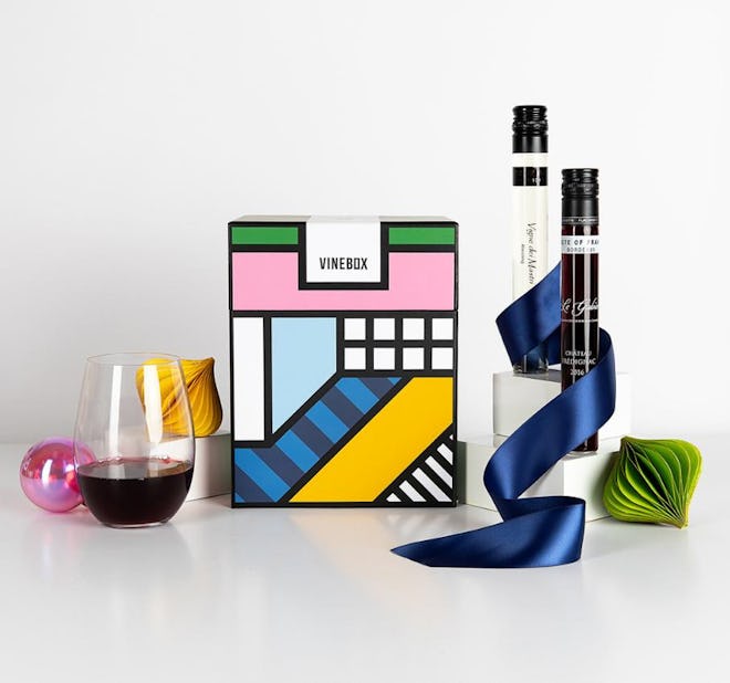 an advent calendar of 12 wines from vinebox, packaged in box with abstract design