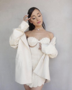 Ariana Grande wears white GCDS shell dress on Instagram, 2021.