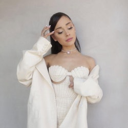 Ariana Grande wears white GCDS shell dress on Instagram, 2021.