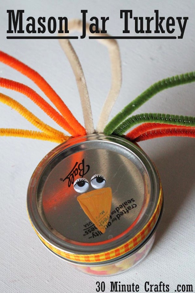A mason jar turkey topper is a fun Thanksgiving craft to make with young kids.