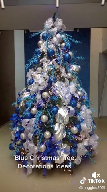TikTok user @maggies2021 demonstrates different kinds of blue Christmas trees for the 2021 holidays.