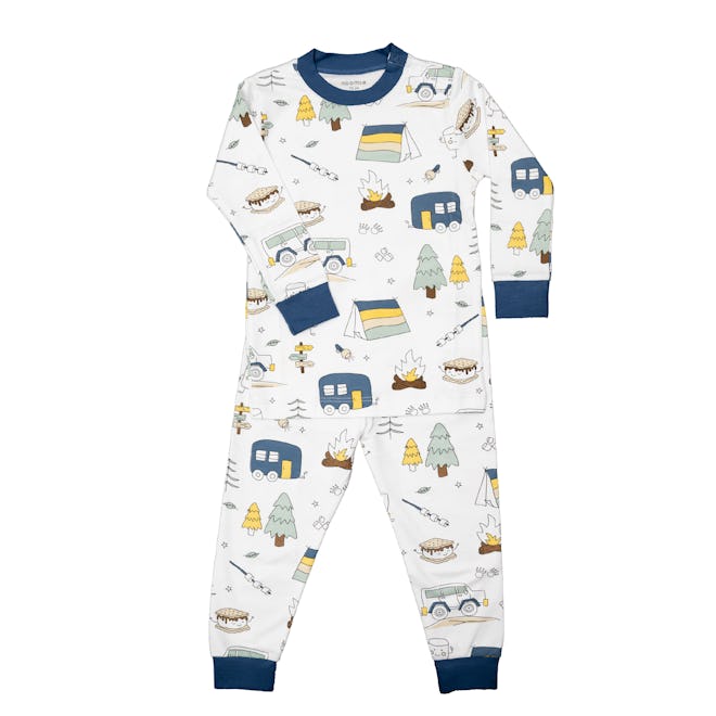 Flat lay of long-john pjs with tractor print