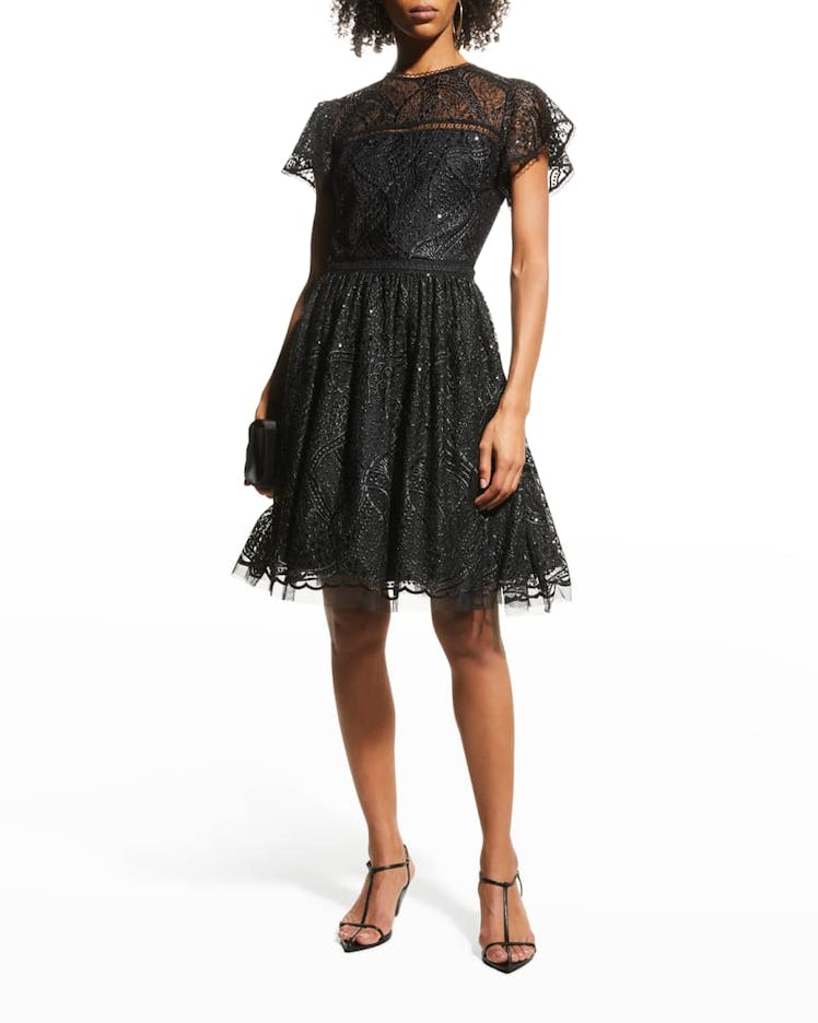 Embroidered Mesh Fit-&-Flare Dress
