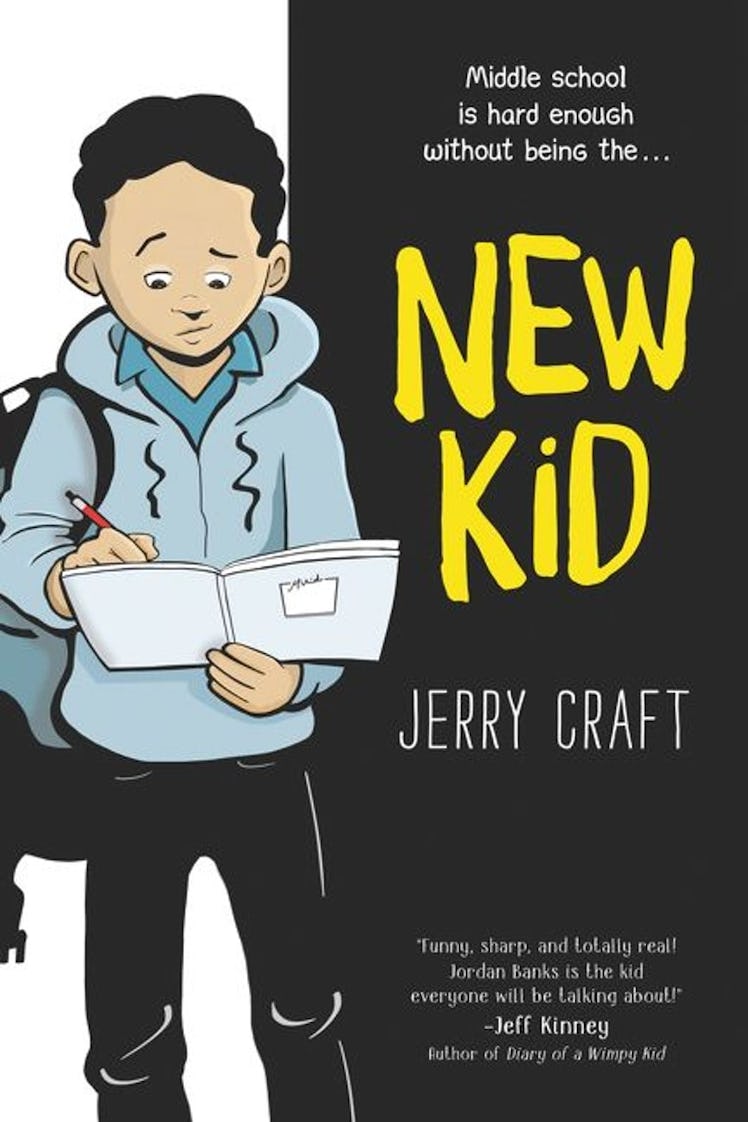 The cover of New Kid by Jerry Craft, featuring a drawing of a middle-school kid and the words "Middl...