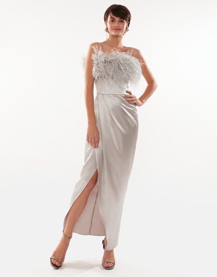 Celina Feather-Trimmed Dress with a Front Slit