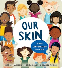 The cover of 'Our Skin,' featuring illustrations of a diverse group of children.