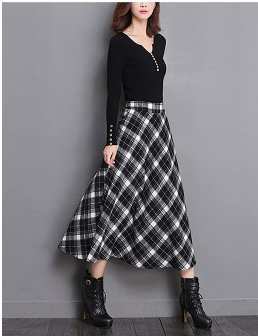 Tanming Wool Plaid A-Line Midi Skirt