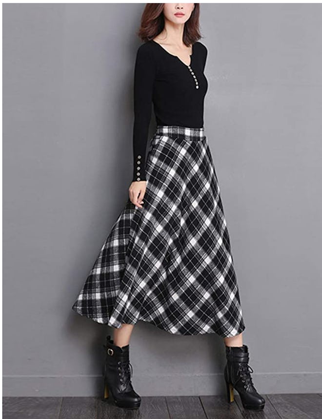 Tanming Wool Plaid A-Line Midi Skirt