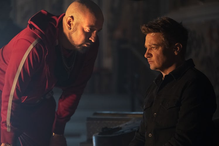 Carlos Navarro as Enrique and Jeremy Renner as Clint Barton in Hawkeye