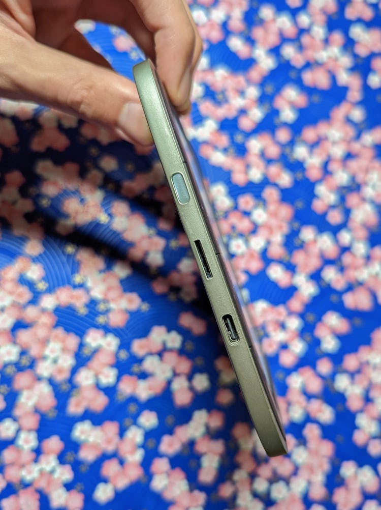 The bottom of the PocketBook InkPad Color with USB-C port and microSD card slot