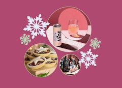 Extra large luxury brandy and orange mince pies, Nice Pale Rose drinks box, and Tequila Rose