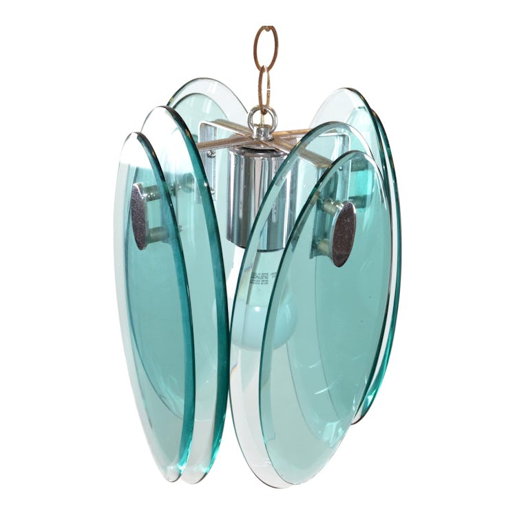 Fontana Arte Mid-Century Modern Beveled Glass & Chrome Pendant Light Fixture 70s