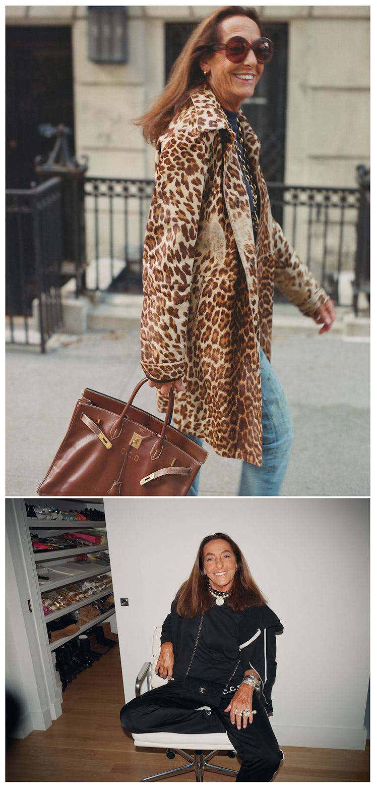 Carlyne Cerf de Dudzeele wearing her own Prada men’s coat, Alaïa sweater, Ralph Lauren jeans, and He...
