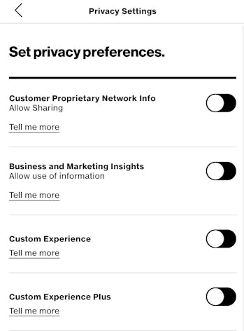 Verizon Custom Experience privacy settings screenshot