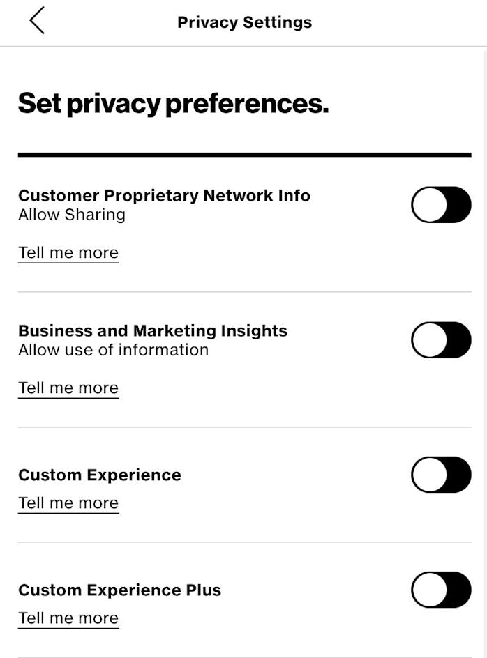 Verizon Custom Experience privacy settings screenshot