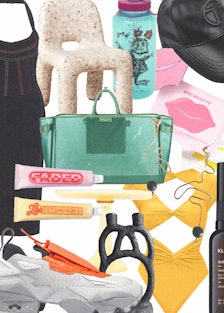a collage of gift items, including a dress, water bottle, tote bag and beauty products