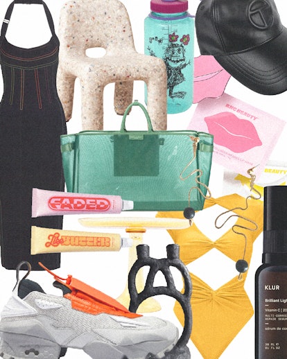 a collage of gift items, including a dress, water bottle, tote bag and beauty products
