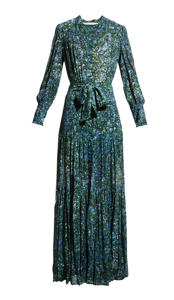 green and blue maxi dress Natalia Blue and Gold Watercolor Strapless Maxi Dress - S Size - Women's Dresses