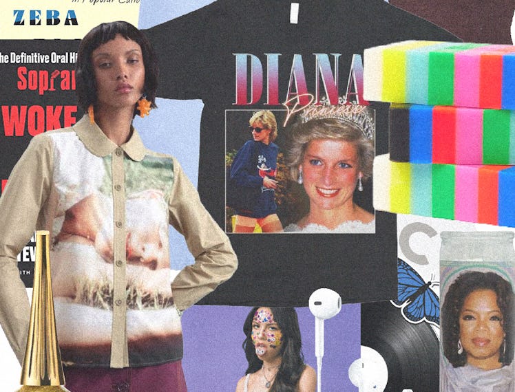 A collage consisting of Princess Diana merch, Oprah Winfrey and significant pop culture moments